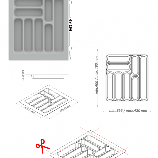 Çekmece İçi Kaşıklık ve Kepçelik Düzenleyici – Antrasit 42x49 cm (36,5x40 cm Kadar Kesilebilir)