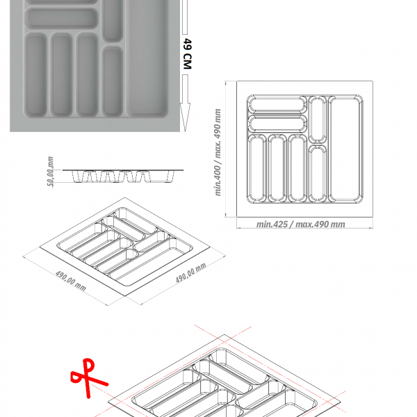 Çekmece İçi Kaşıklık ve Kepçelik Düzenleyici – Antrasit 49x49 cm (43x40 cm Kadar Kesilebilir)
