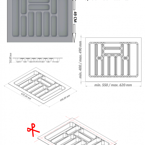 Çekmece İçi Kaşıklık ve Kepçelik Düzenleyici – Antrasit 62x49 cm (55x40 cm Kadar Kesilebilir)