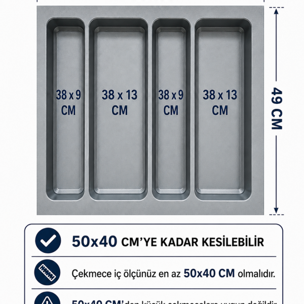 Çekmece İçi Kepçelik Düzenleyici 62x49 cm Gri (50x40 cm Kadar Kesilebilir)