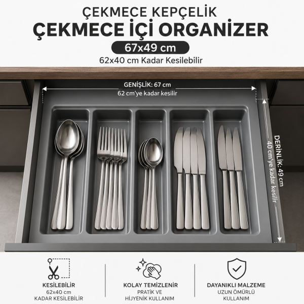 Çekmece İçi Kepçelik Düzenleyici 67x49 cm Gri (62x40 cm Kadar Kesilebilir)