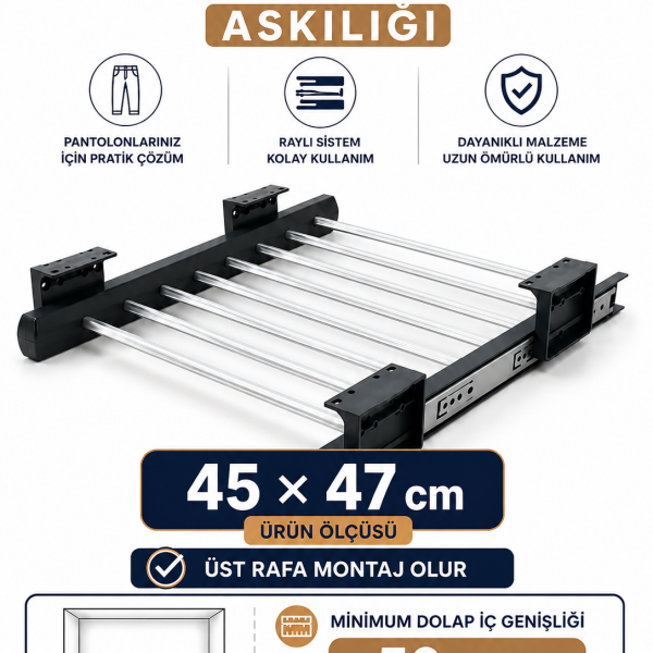 Dolap İçi Raylı Pantolon Askılığı Organizeri 45x47 cm Gardırop Düzenleyici