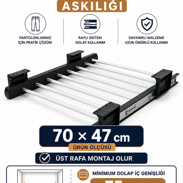 Dolap İçi Raylı Pantolon Askılığı Organizeri 70x47 cm Gardırop Düzenleyici