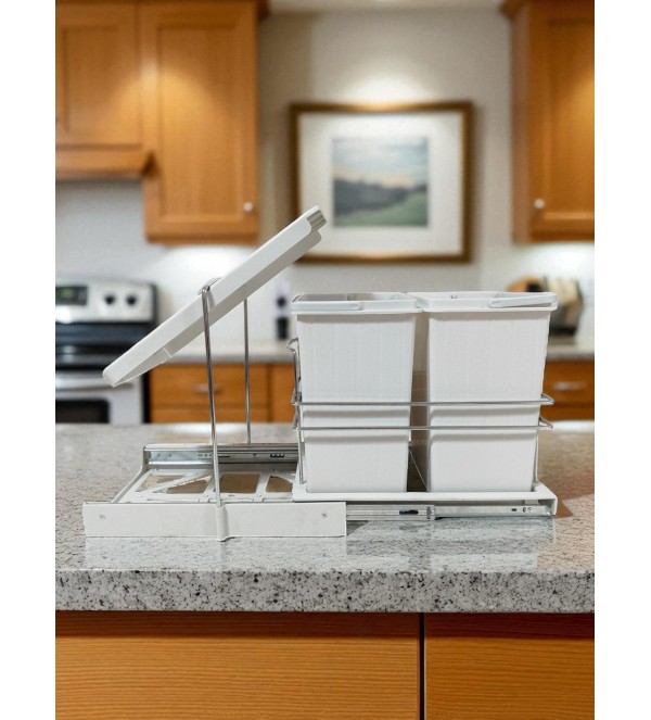 Mutfak Dolabı İçin Çift Hazneli Raylı Otomatik Çöp Kovası 14+14 L (28 L Toplam)